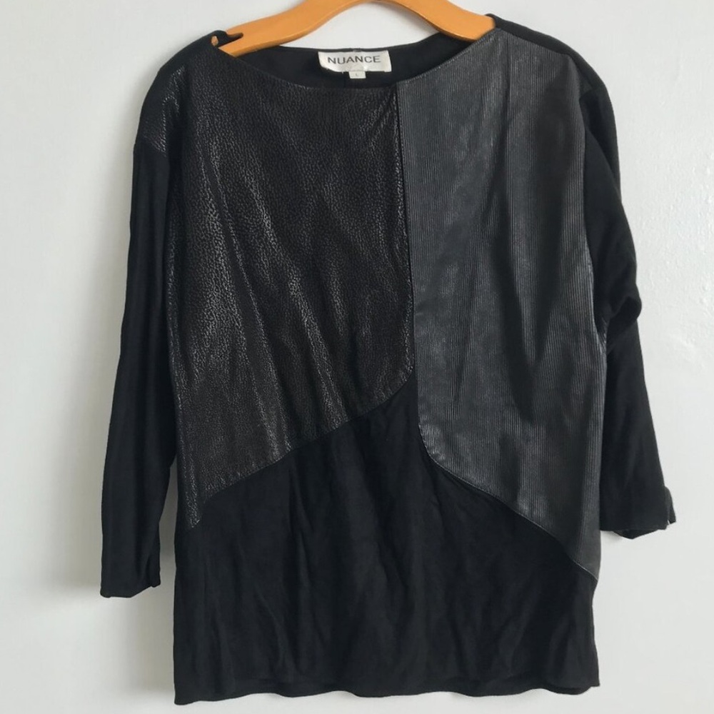 NUANCE WOMENS LEATHER TOP MIXED MEDIA PATCHWORK BLOUSE LARGE